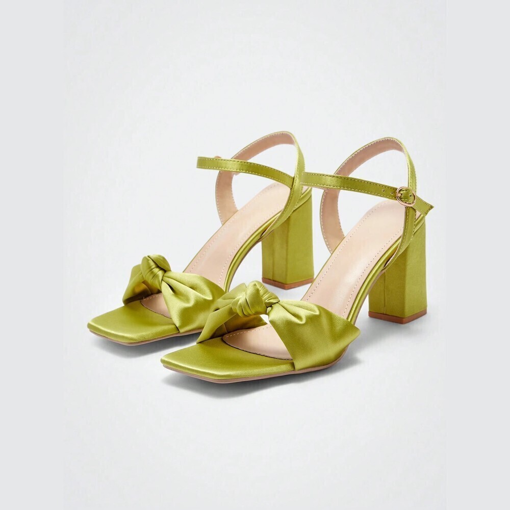 Chartreuse Green Satin Knotted Bow Block Heel Ankle Strap Sandals